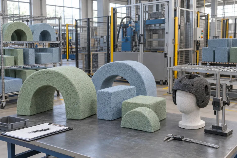 AI factory illustration of moulded play forms being inspected at a foam finishing workstation