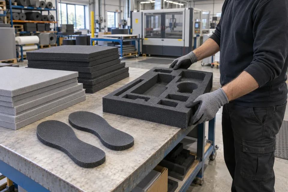 An operator examining a shaped foam insert at a factory workbench