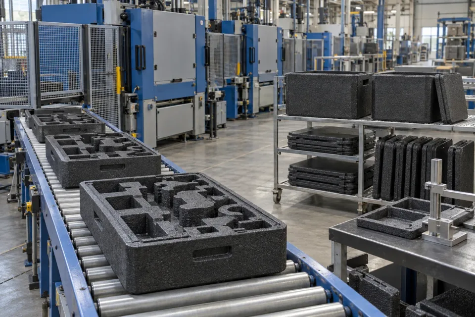 AI factory illustration of reusable foam containers and fitted trays beside a moulding line