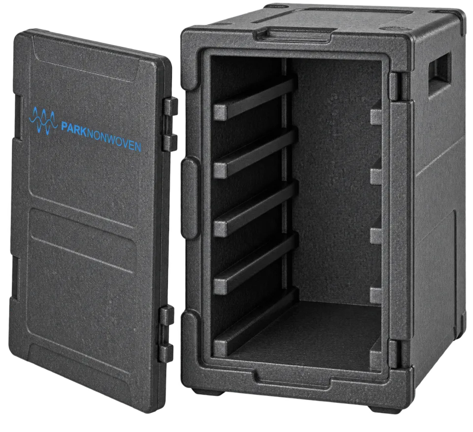 Illustrative catering transport boxes product render with PARK Nonwoven branding