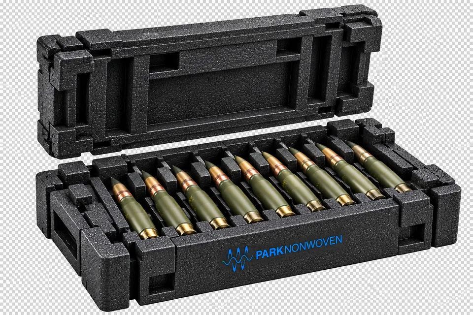 Illustrative ammunition packaging product render with PARK Nonwoven branding