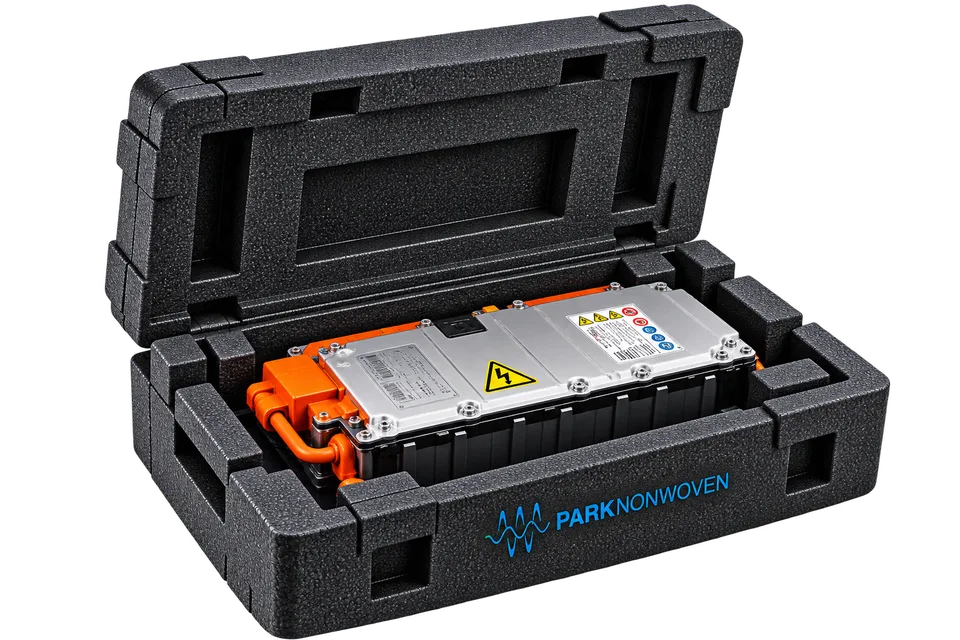 Illustrative lithium-ion battery packaging product render with PARK Nonwoven branding